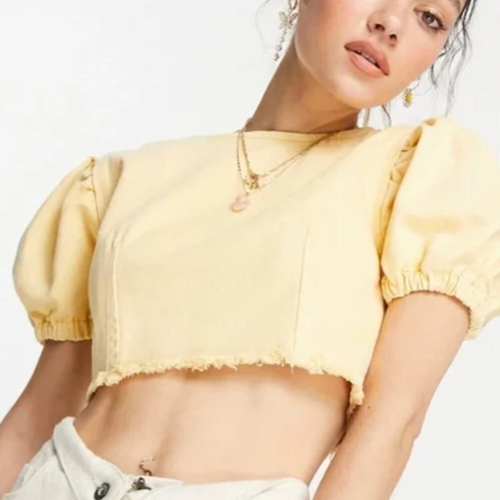 Top shop 6 denim cropped top puff sleeve  yellow zipped back